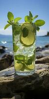 Stunning photo of cocktail mojito, a sunny summer beach in the background. Generative AI