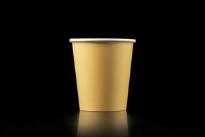 Side view yellow empty disposable paper fast food cup isolated on black background. Generative AI photo