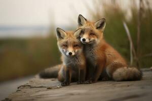 Wild baby red foxes cuddling at the beach. Generative AI photo