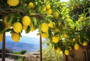 Lemons growing in a sunny garden on Amalfi coast in Italy. AI Generated photo