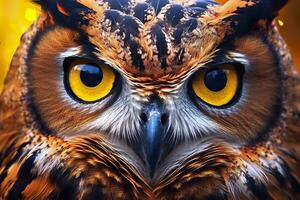 Owl headshot with closeup of face. Generative AI photo