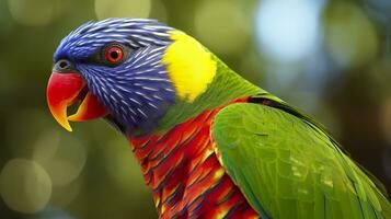 lado ver de cerca de hermosa y vistoso lorikeet verde nuca pájaro. generativo ai foto