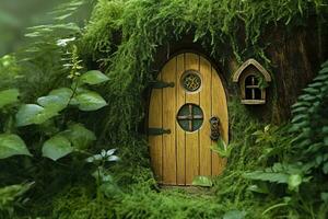 Little magic wooden fairy doors and plants leave on a mossy natural green background. AI Generated photo