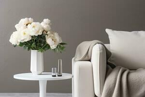 Vase of white peonies with coffee table and armchair near grey wall. Generative AI photo