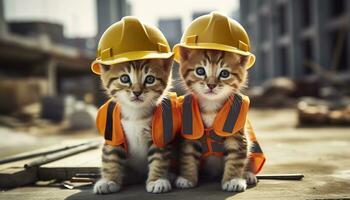 Two kittens wearing hard hats on a construction site. Generative AI photo