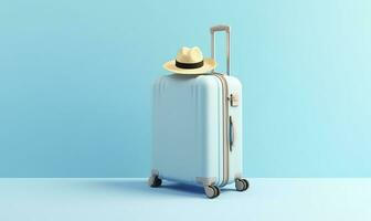 Blue suitcase with sunglasses on a pastel blue background. travel concept. Generative AI photo