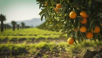 un naranja árbol es en el primer plano con un granja campo antecedentes. generativo ai foto