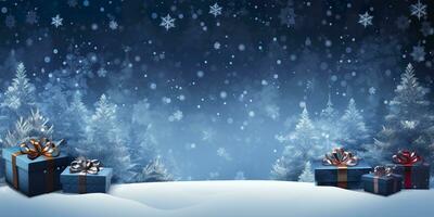 Merry Christmas and new year, gift boxes bokeh background. Christmas gifts background. AI Generated photo