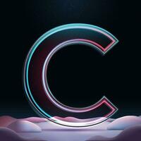 3D letter C with neon light insight.  Glass letter with sparkles and winter background. Holiday decoration. Element for design poster, advertisign or game vector