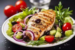 Grilled chicken breast with tomatoes, red pepper, organic green and kalamata olives. AI Generated photo