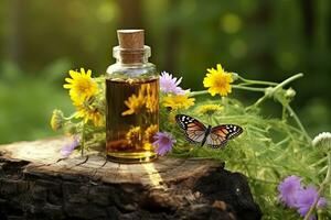 Glass Bottle of herbal essential extract, butterfly, and wildflowers on a tree stump. AI Generated photo