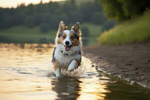 el perro carreras en el agua. generativo ai foto