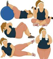 Set of fat woman with overweight doing exercises character. Presentation in various action with emotions, running, sit lying down and walking. Vector illustration
