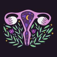 Female uterus with universe inside. Vector hand drawn