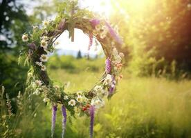 Rustic wildflowers wreath on a sunny meadow. Summer Solstice Day, Midsummer concept. Generative AI photo