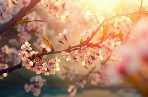 Spring blossom background. Nature scene with blooming tree and sun flare. Generative AI photo