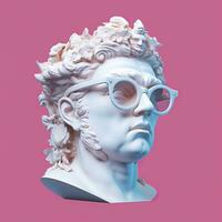 The head of a white mythological statue with fashionable pink glasses on his eyes, frame in profile. AI Generative photo