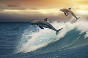 juguetón delfines saltando terminado rotura ondas. Hawai Pacífico Oceano fauna silvestre escenario. generativo ai foto