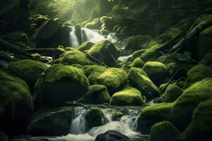 Waterfall landscape with rocks covered in green moss. AI Generated photo