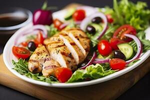 Grilled chicken breast with tomatoes, red pepper, organic green and kalamata olives. AI Generated photo