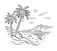 Panorama of the summer landscape. Tall palm trees against the backdrop of mountains and sea. Vector linear illustration