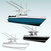 Side view fishing boat vector line art illustration and one color
