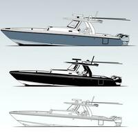 Side view fishing boat vector line art illustration and one color