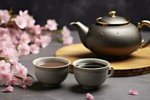 Traditional ceremony. Cups of brewed tea, teapot and sakura flowers on grey table. Generative AI photo