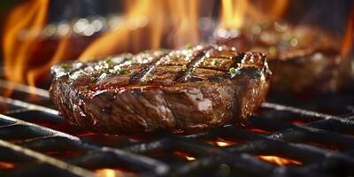 Beef ribeye steak grilling on a flaming grill. Generative AI photo