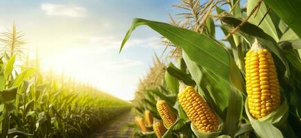 Closeup corn cobs in corn plantation field. Generative AI photo