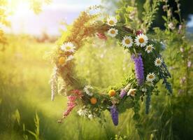 Rustic wildflowers wreath on a sunny meadow. Summer Solstice Day, Midsummer concept. Generative AI photo