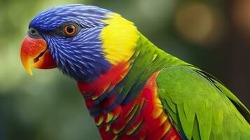 Side view Closeup of beautiful and colorful Lorikeet Green naped bird. Generative AI photo