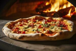 Freshly baked pizza closeup, traditional wood fired oven background. AI Generated photo