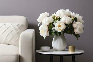 Vase of white peonies with coffee table and armchair near grey wall. Generative AI photo