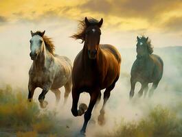 A group of horses running on the land. Generative AI photo