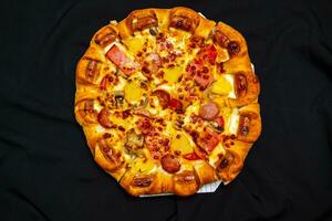 pizza cheese lunch or dinner crust seafood meat topping sauce. delicious tasty fast food in top view. photo