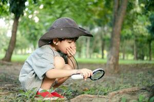 asiático chico vistiendo un sombrero en un bosque exploración traje utilizar un aumentador vaso a encuesta el árbol área. foto