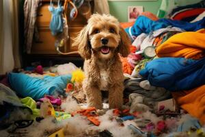 Happy dog lying in messy room. Damage from pet. Generative AI photo