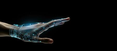 robótico digital mano en oscuro antecedentes. generativo ai foto