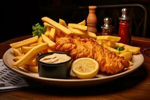 pescado y papas fritas, tradicional británico alimento. generativo ai foto