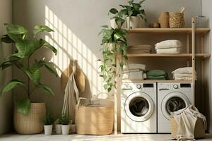 Laundry room with washing and dryer machine. Generative AI photo