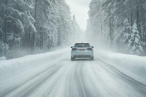 coche conducción en Nevado la carretera en invierno bosque. generativo ai foto
