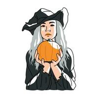 CUTE WOMAN IS WEARING BLACK WITCH COSTUME AND HOLDING A PUMPKIN vector