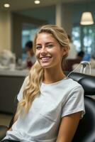 Young woman sitting in the dentist chair, created with generative AI photo