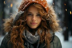 Beautiful young woman in winter clothes, created with generative AI photo