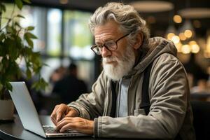 Old man working on notebook computer in cafe, created with generative AI photo