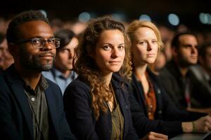 Conference hall audience full of tech people, created with generative AI photo