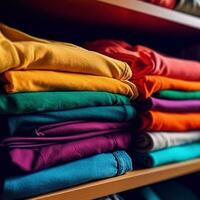 Colorful T shirts folded on the shelf, created with generative AI photo