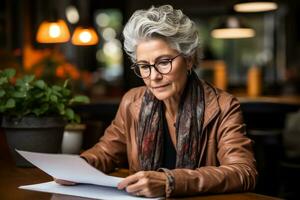 mayor mujer sentado por el mesa y comprobación papel documentación, creado con generativo ai foto