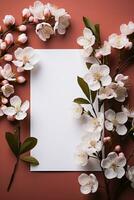 Empty blank white paper with flower decoration, created with generative AI photo